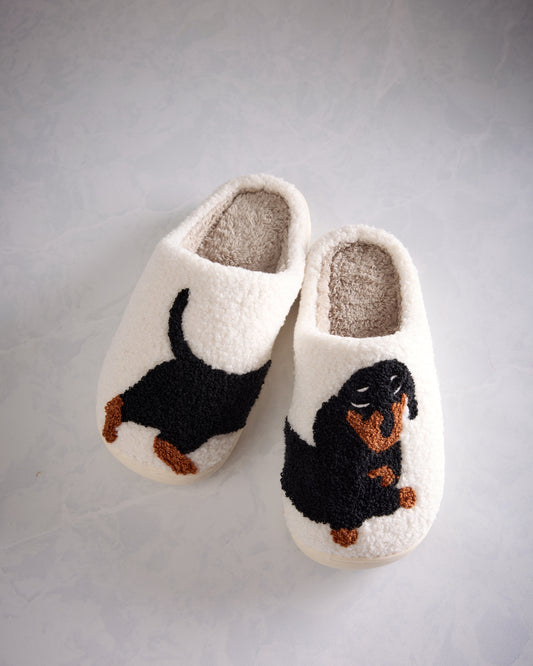Comely Fashion - Dachshund Pattern Fleece Plush Slippers - Ivory Combo - Printfresh