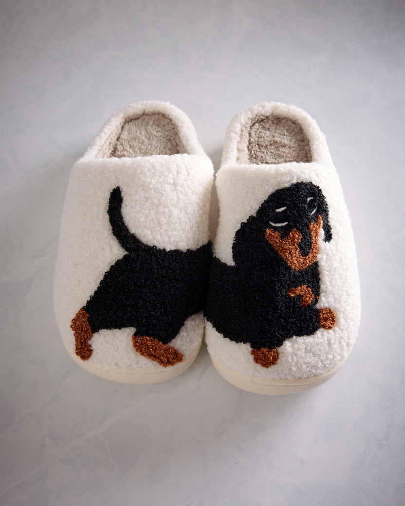 Comely Fashion - Dachshund Pattern Fleece Plush Slippers - Ivory Combo - Printfresh