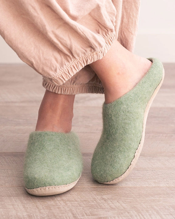 Eucalyptus Green - Organic Merino Wool Slippers  - Fuzzy Cove - Printfresh