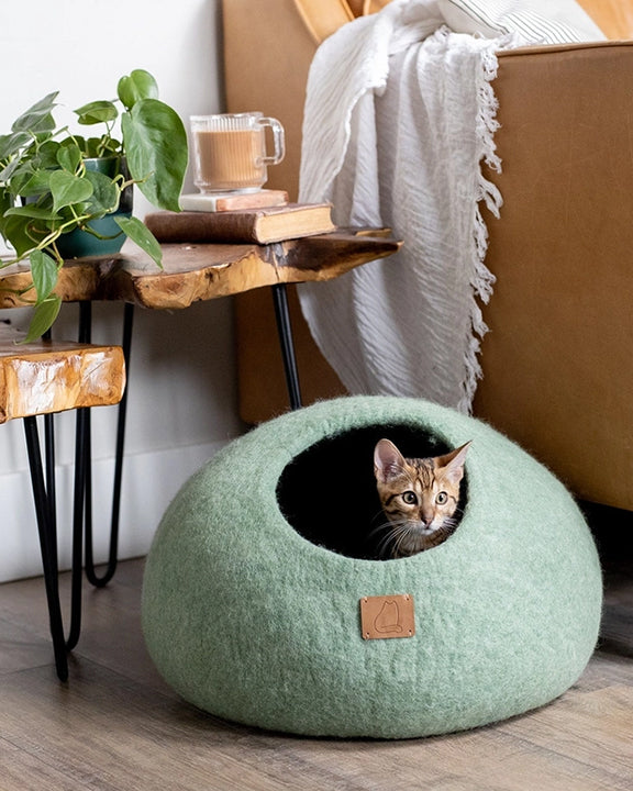 Eucalyptus Green - Wool Cat Cave Bed - Fuzzy Cove - Printfresh