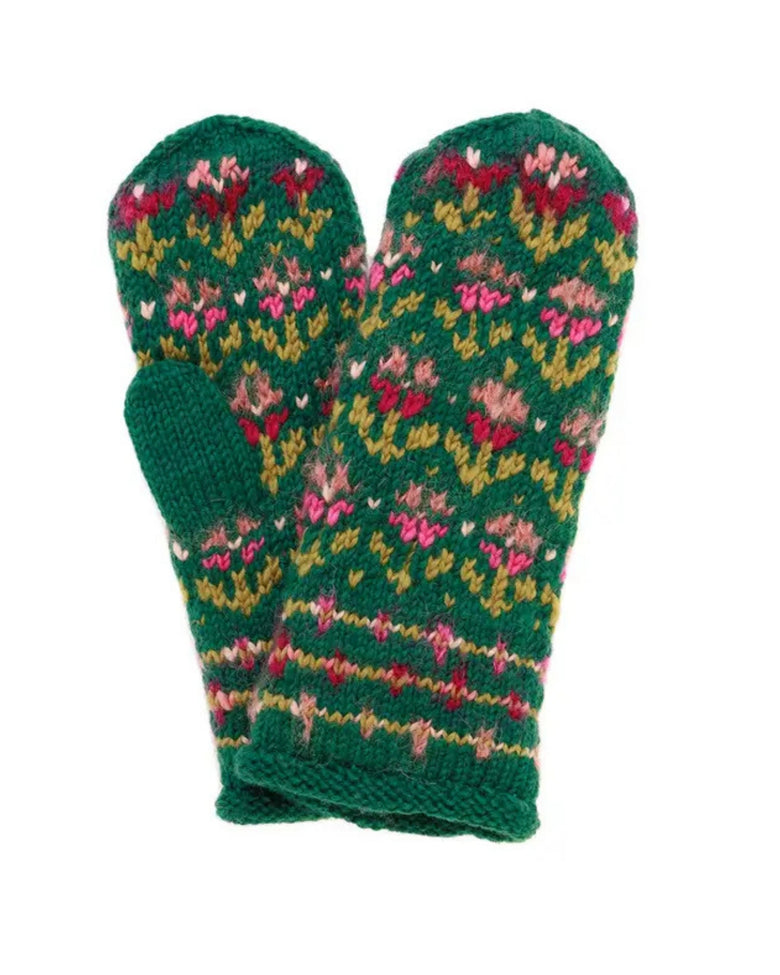 Green knitted mitten with a multicolored floral pattern and a separate thumb section.