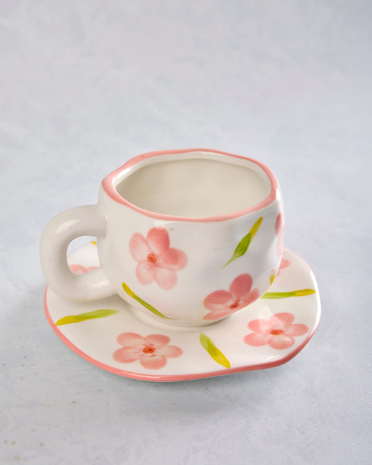 Ivory Combo - Flower Ceramic Mug and Saucer - Chow's Stories - Printfresh