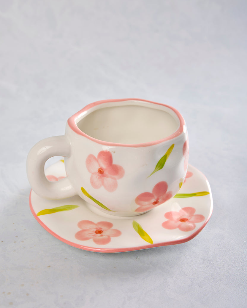 Ivory Combo - Flower Ceramic Mug and Saucer - Chow's Stories - Printfresh