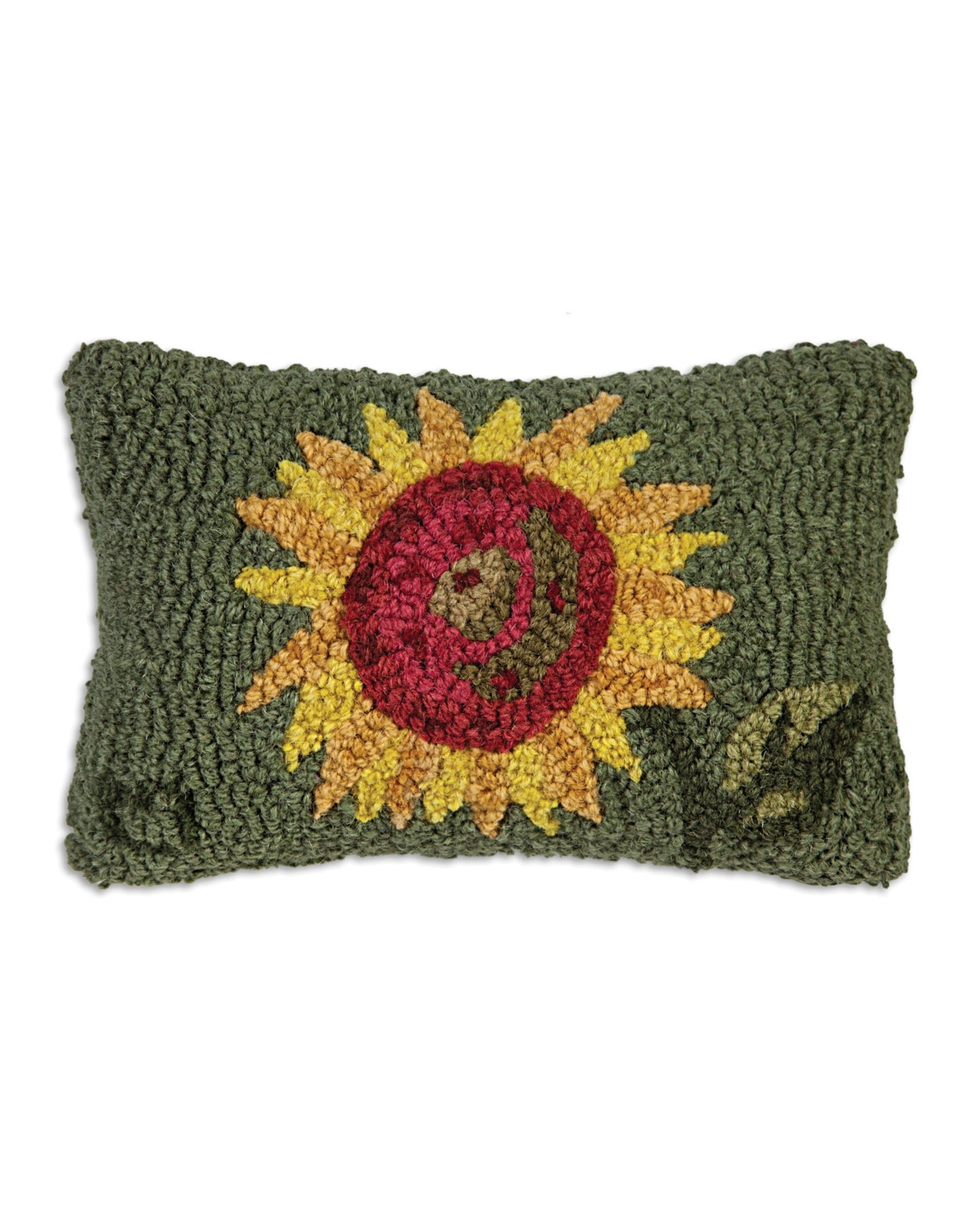 Green rectangular pillow with a large embroidered sunflower and a smiling face design.