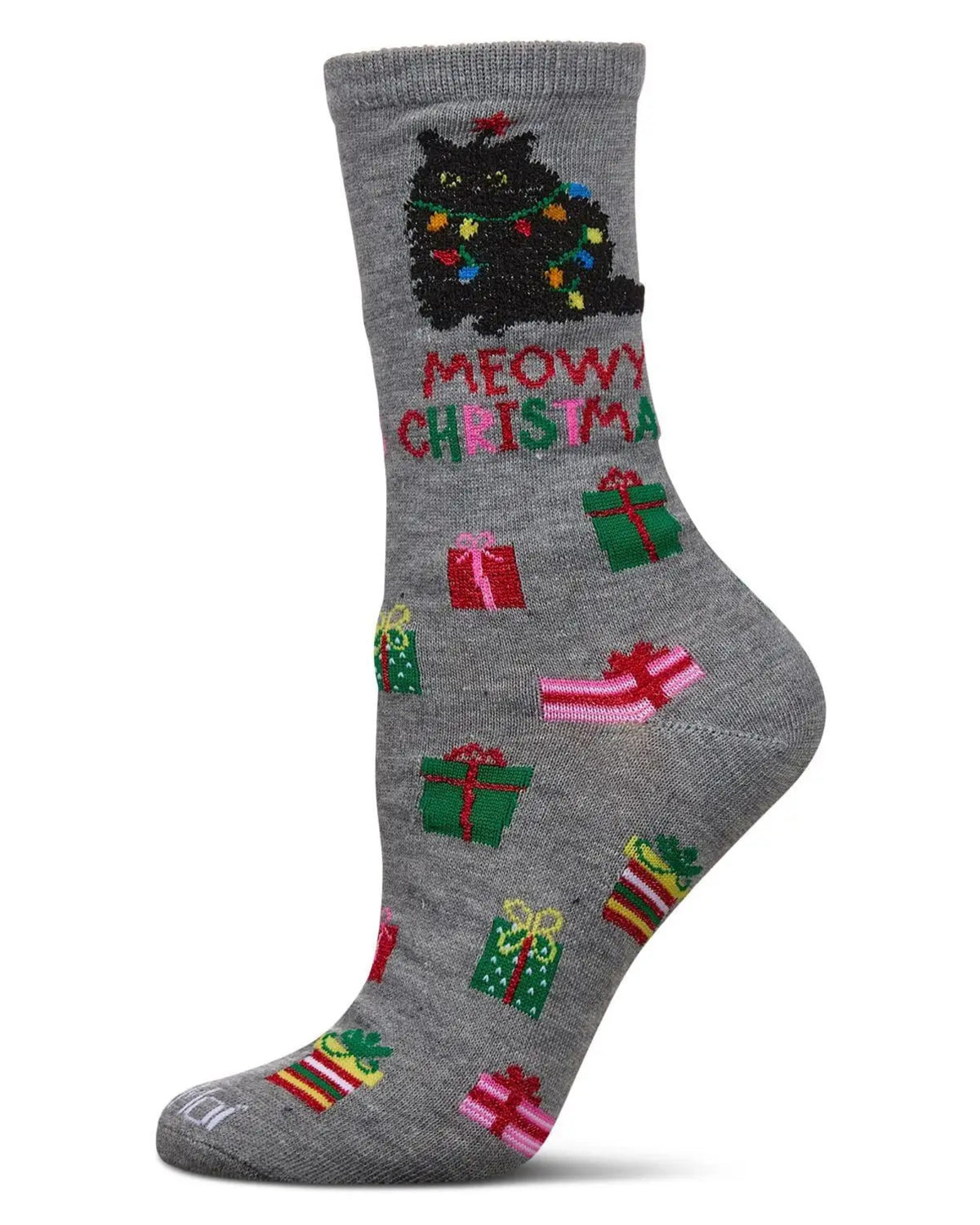 Gray crew sock with a black cat, colorful presents, and the words “MEOWY CHRISTMAS.”