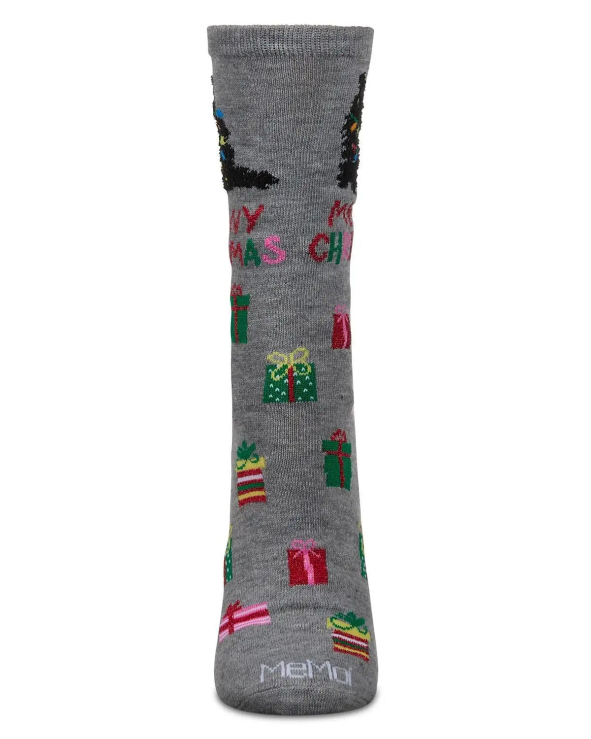 Back view of a gray crew sock showing partial cat graphics, gift motifs, and partial holiday lettering.