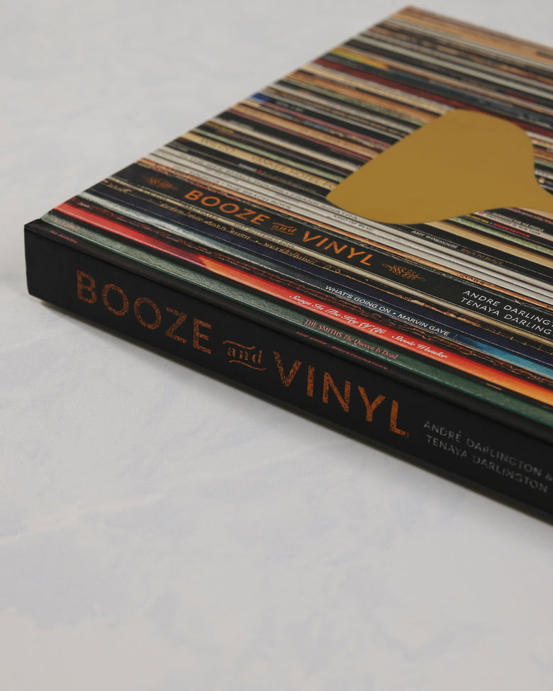 Closed Booze and Vinyl book shown at an angle, with a cover made to resemble stacked vinyl records.