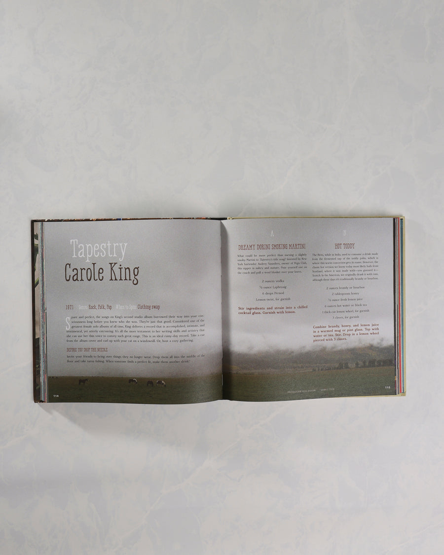 Open Booze & Vinyl book showing a Carole King entry with cocktail recipes on the facing page.