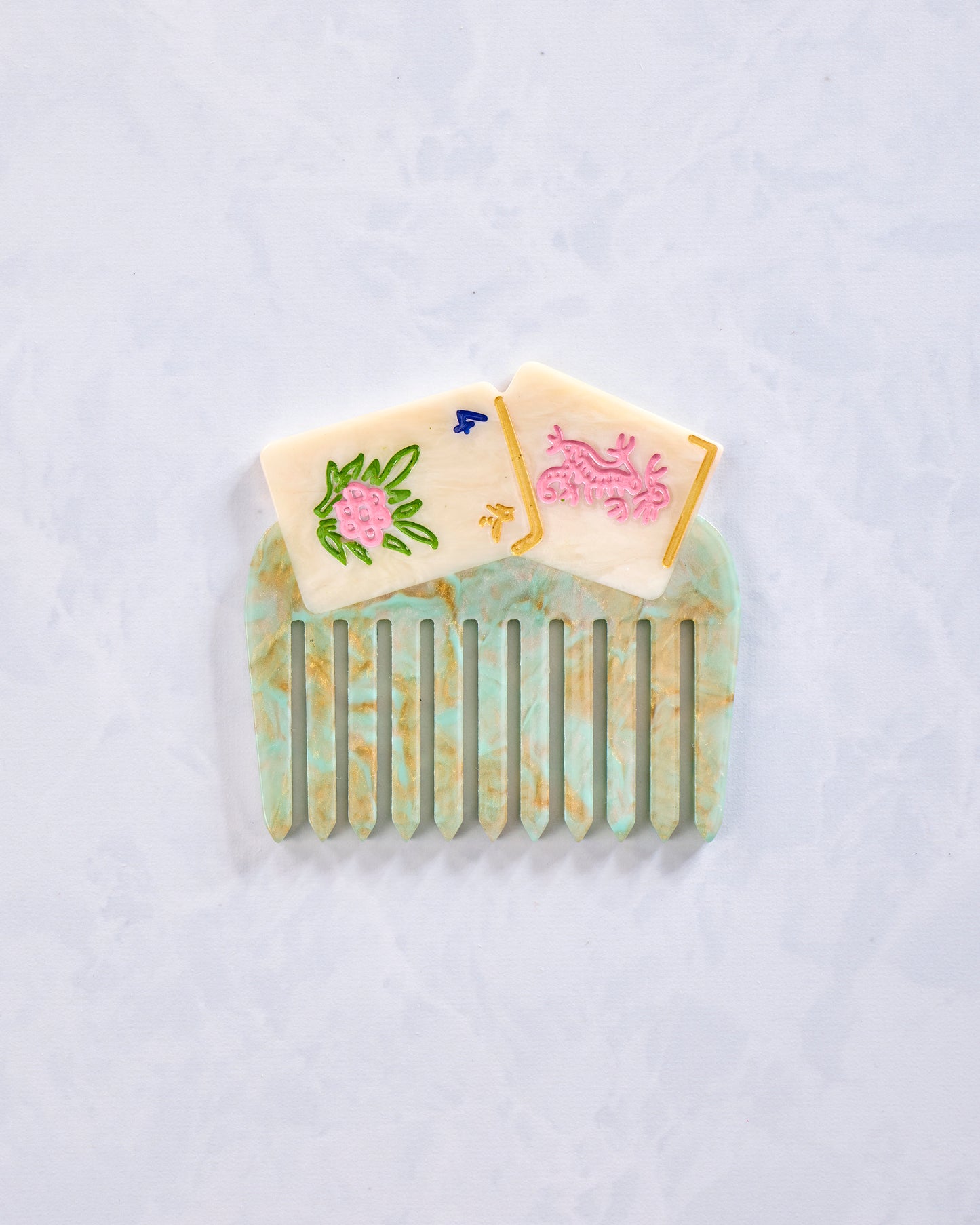 Green Combo - Hand Painted Flower Mahjong Pocket Comb - Solar Eclipse
