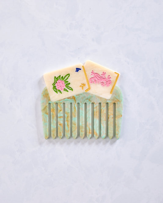 Green Combo - Hand Painted Flower Mahjong Pocket Comb - Solar Eclipse