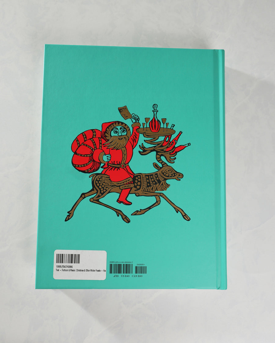 Back cover of Fortnum & Mason Christmas & Other Winter Feasts in teal, with an illustrated rider carrying food and drinks.