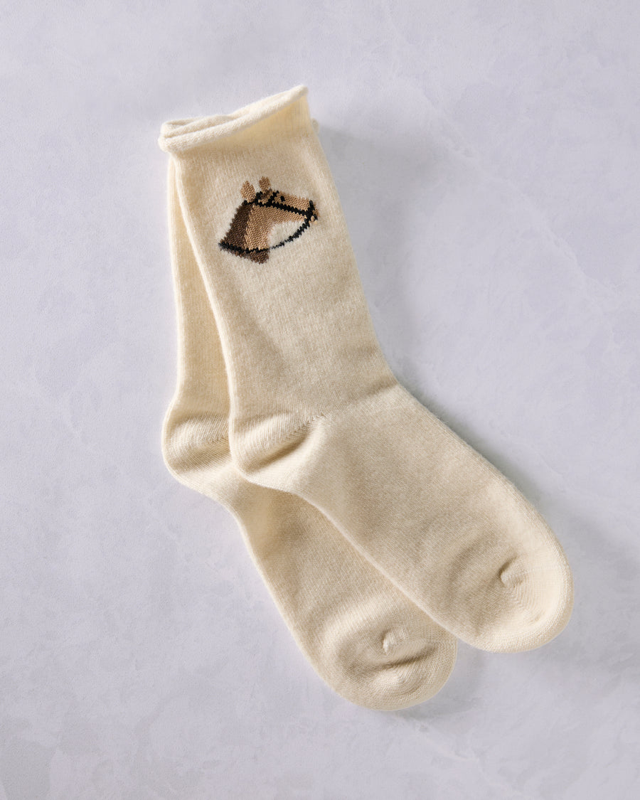 Pair of ivory crew socks, with an embroidered horse head on the upper of the front sock.