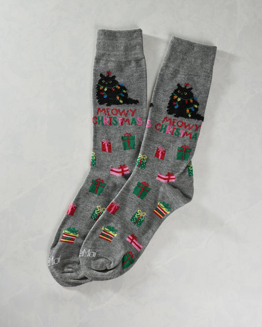 Pair of gray crew socks with Christmas tree cat designs, gifts, and “MEOWY CHRISTMAS” lettering