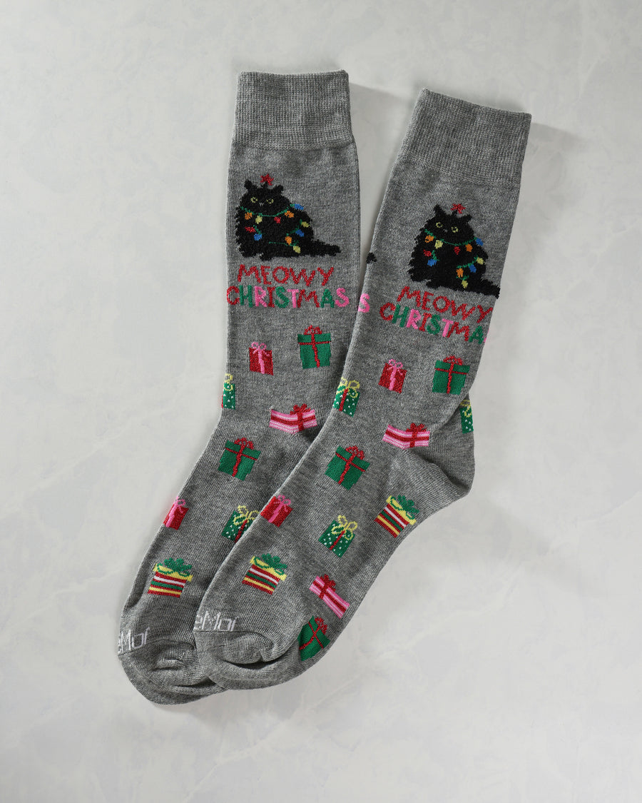Pair of gray crew socks with Christmas tree cat designs, gifts, and “MEOWY CHRISTMAS” lettering