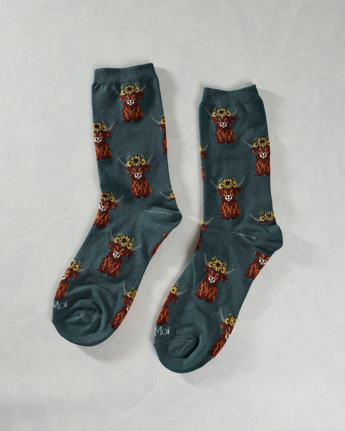 Teal Combo - Sunflower Highland Cow Bamboo Crew Sock - Infinity Classics International Inc.