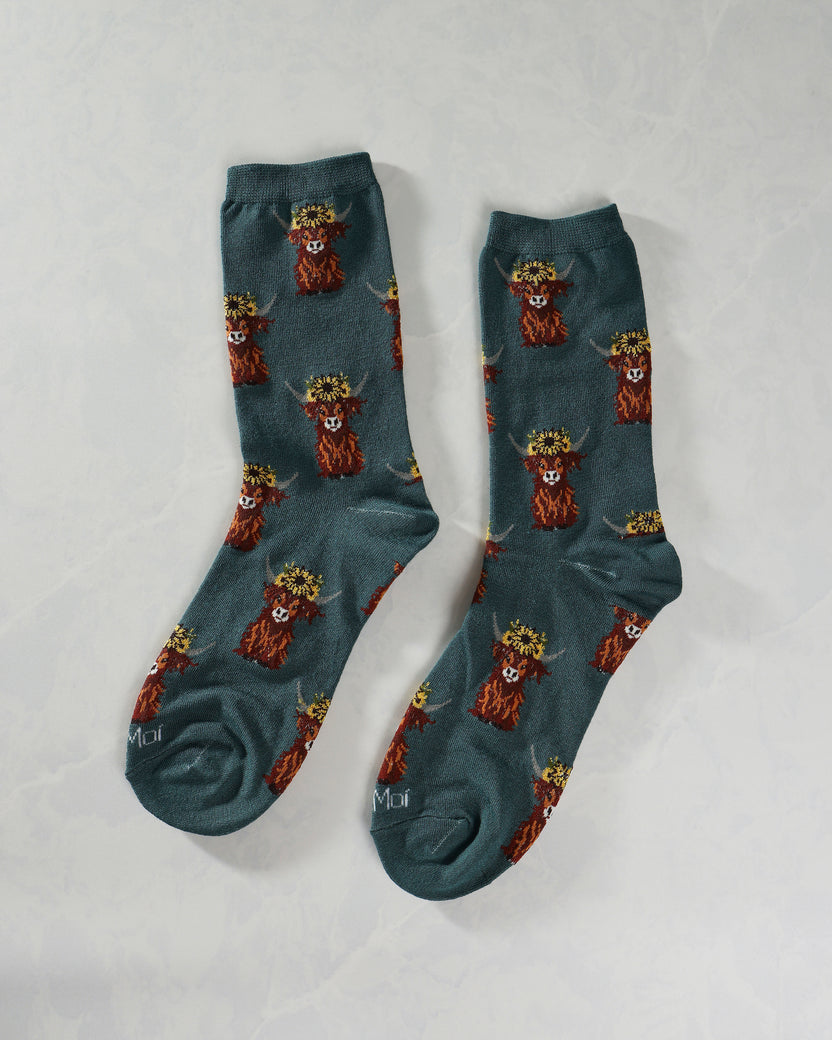 Teal Combo - Sunflower Highland Cow Bamboo Crew Sock - Infinity Classics International Inc.