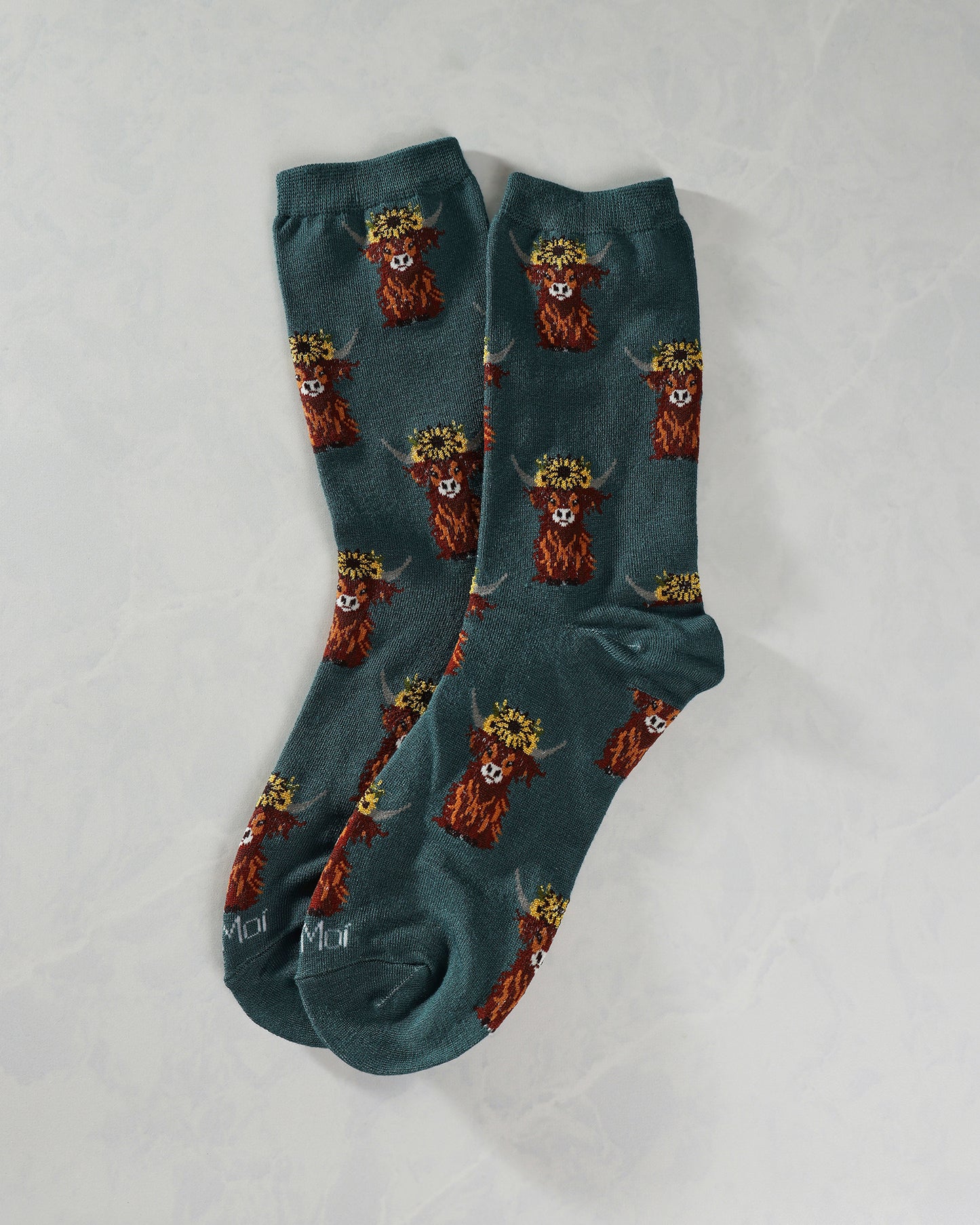 Teal Combo - Sunflower Highland Cow Bamboo Crew Sock - Infinity Classics International Inc.