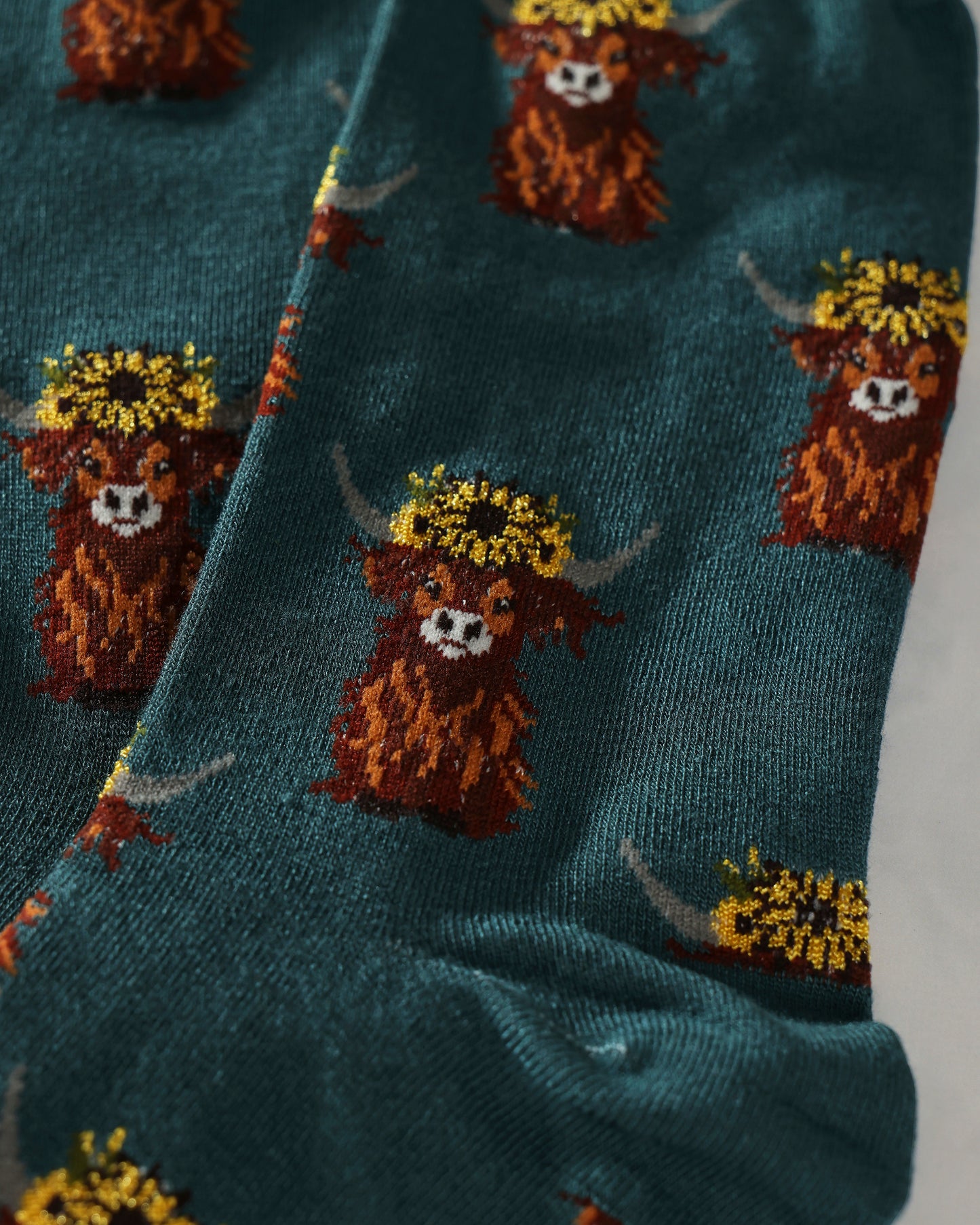 Teal Combo - Sunflower Highland Cow Bamboo Crew Sock - Infinity Classics International Inc.