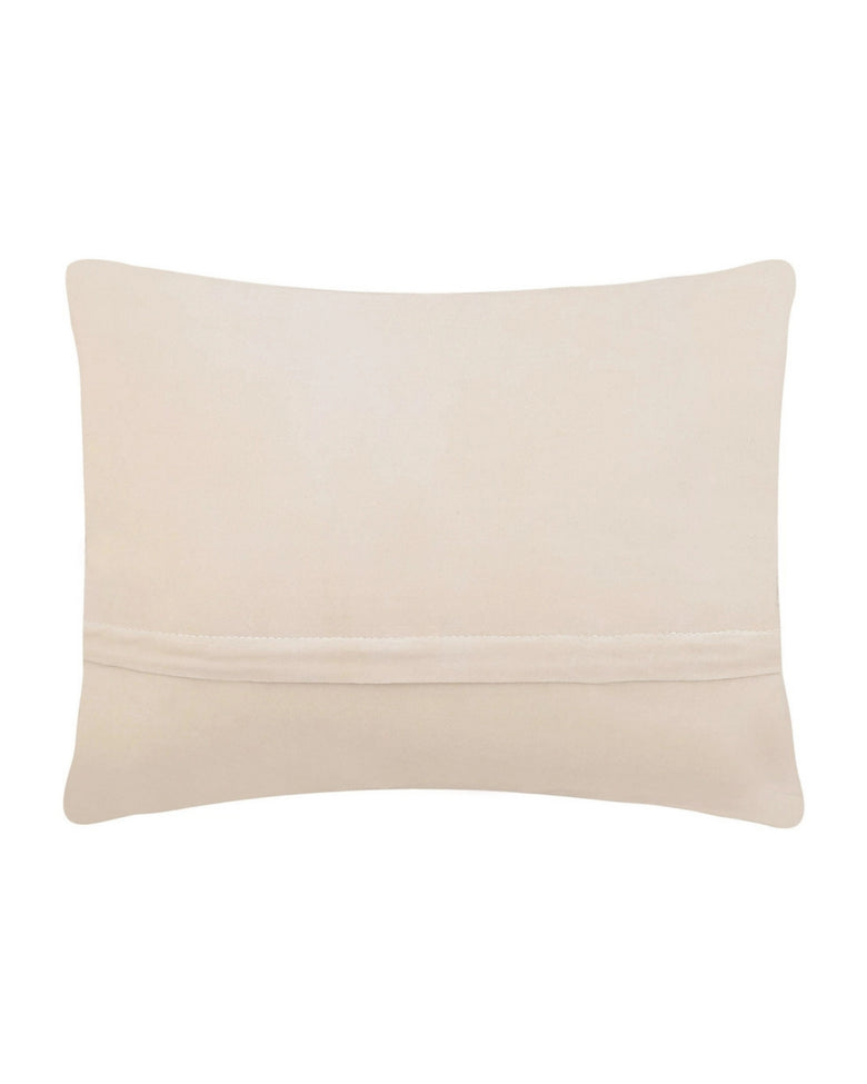 Back of an ivory rectangular pillow with a horizontal closure seam