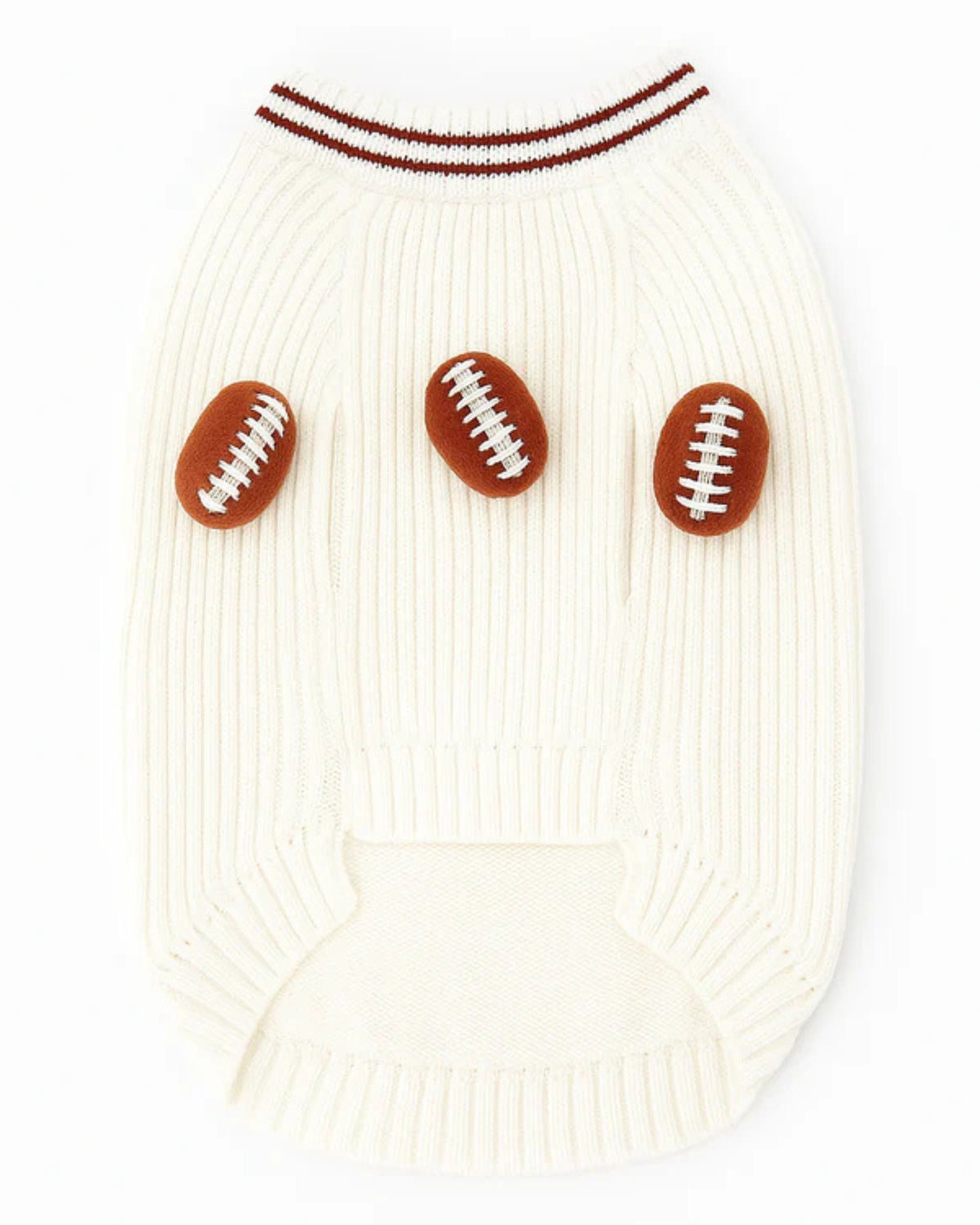 Back view of an ivory dog sweater with three brown football appliqués