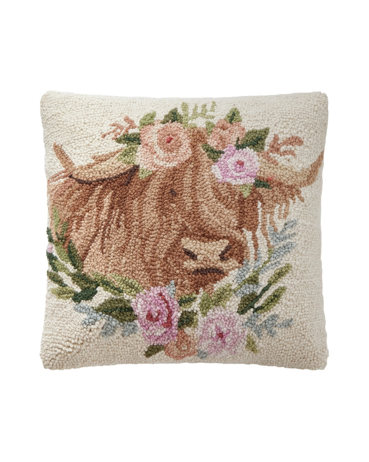 Square hooked pillow featuring a brown Highland cow surrounded by pink flowers and green foliage on an ivory background.