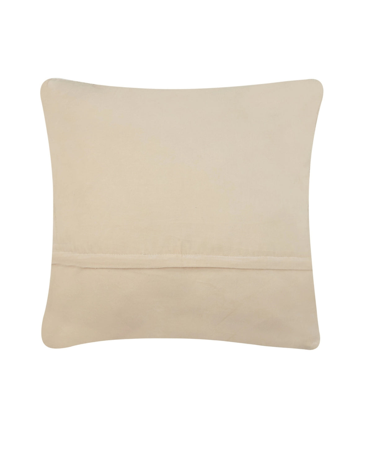 Back view of the square Highland cow pillow showing its plain ivory backing and horizontal seam.