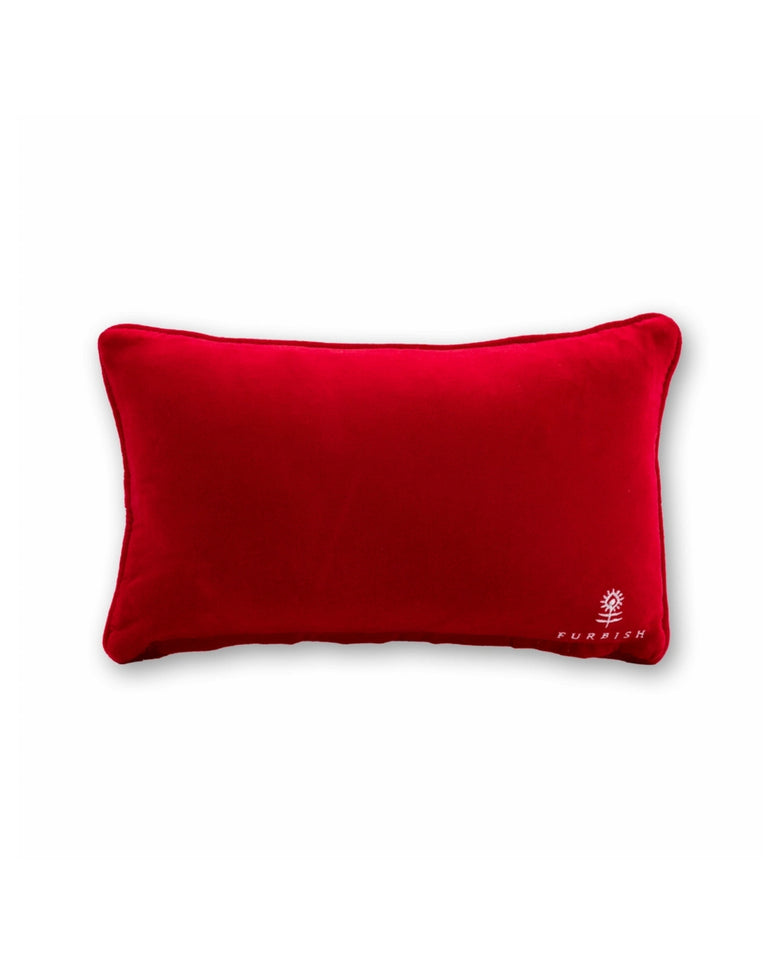 Back of the Merry Mahjong pillow, shown in solid red with a small Furbish logo near the lower right corner.