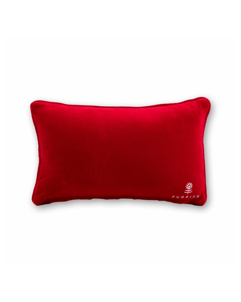 Back of the Merry Mahjong pillow, shown in solid red with a small Furbish logo near the lower right corner.