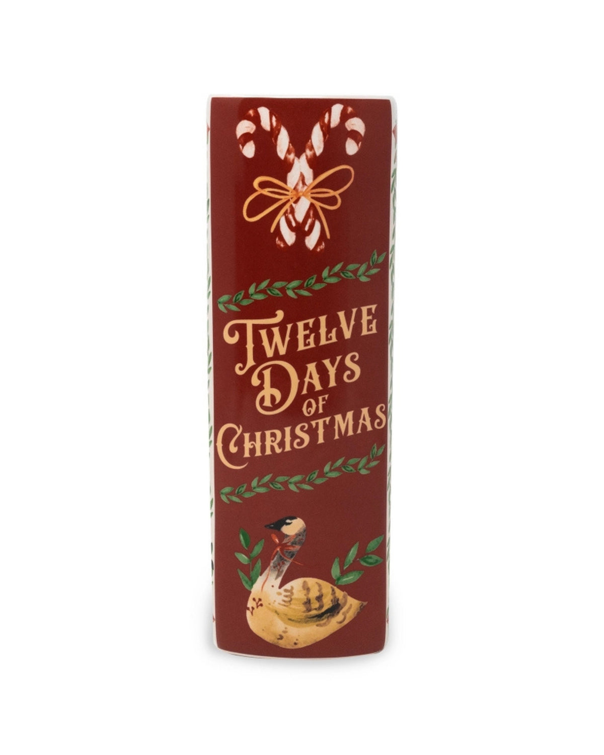 Side view of the Twelve Days of Christmas book-style vase, showing candy cane illustrations, leafy borders, a bird, and the title on a dark red panel.