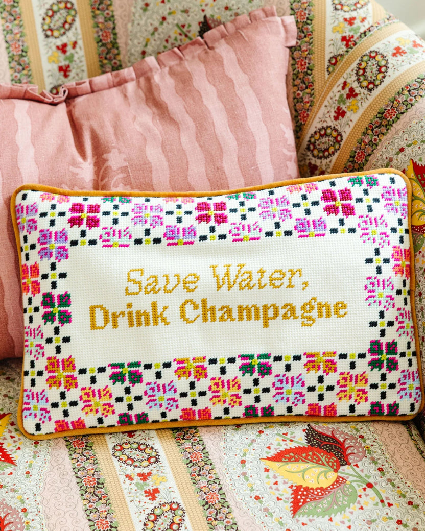 Ivory - Drink Champagne Needlepoint Pillow - Furbish Studio