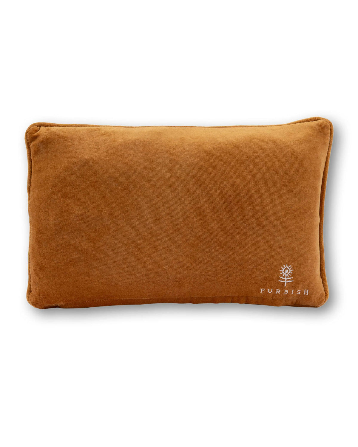Back of the rectangular needlepoint pillow in plain brown velvet with a Furbish logo near the lower right.