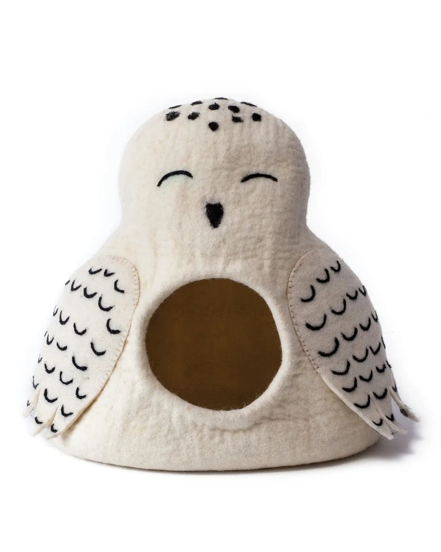 Ivory owl-shaped pet cave with a round front opening and patterned wings.