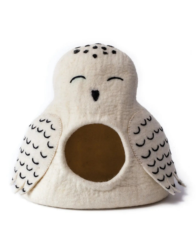 Ivory owl-shaped pet cave with a round front opening and patterned wings.