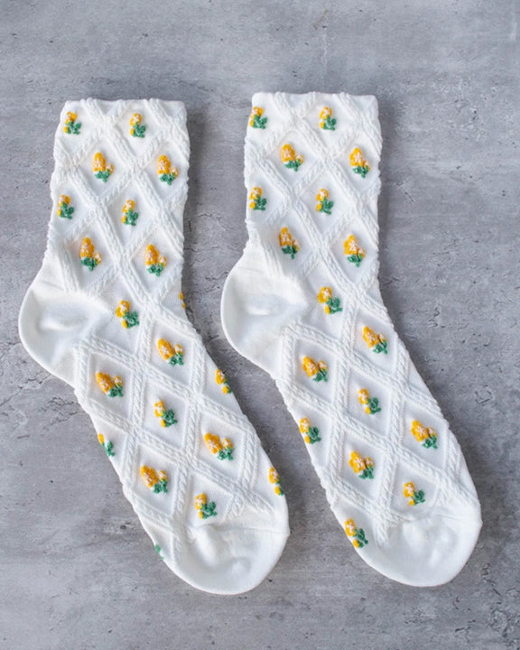 Ivory/Yellow - Floral Casual Socks - Tiepology - Printfresh