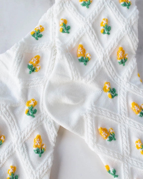 Ivory/Yellow - Floral Casual Socks - Tiepology - Printfresh