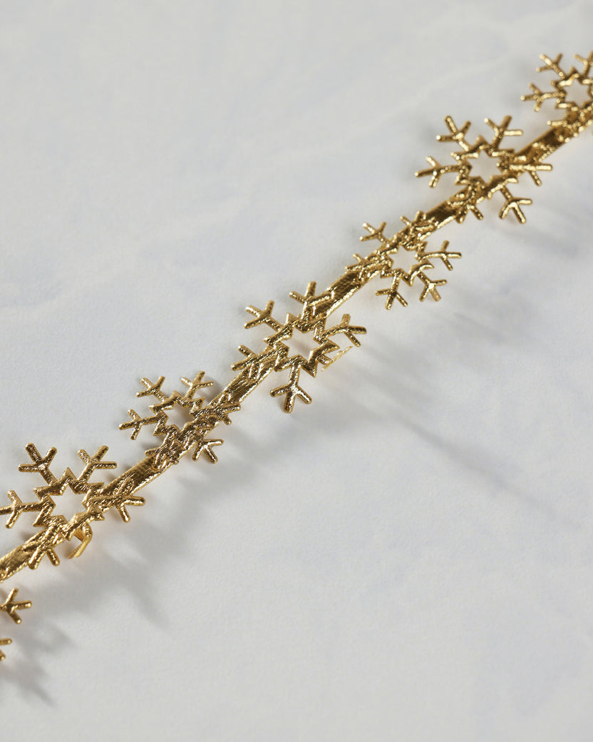 Close-up of gold snowflake trim showing repeated cutout snowflake shapes along the strip.