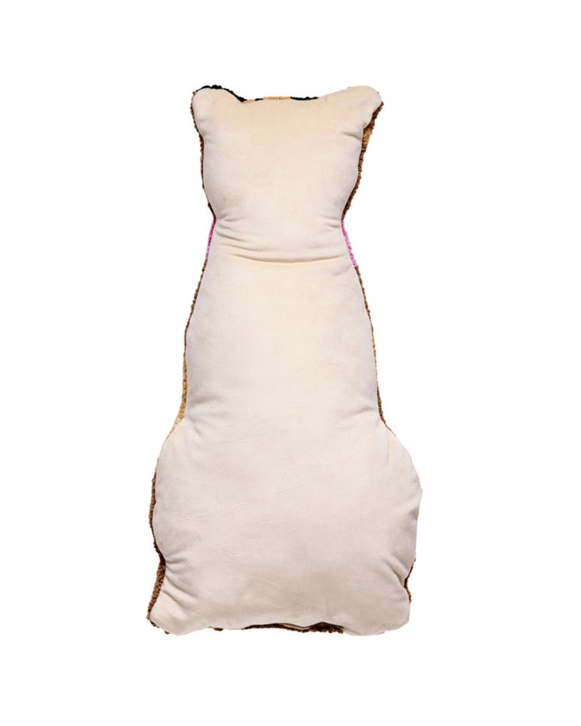 Back view of the leopard-shaped pillow with a plain light cream backing.