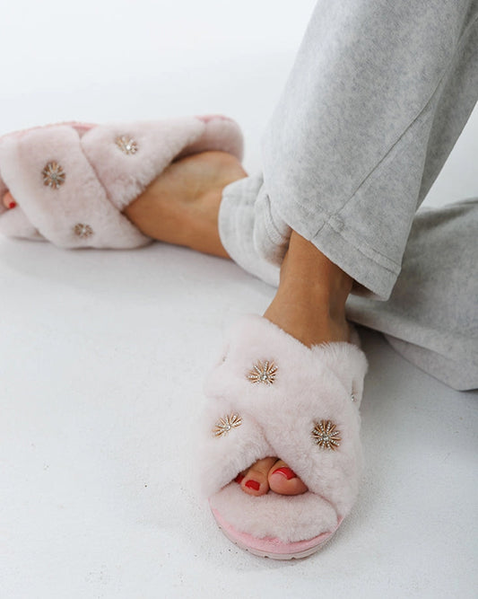 Limlim - Sheepskin Slippers with Rhinestone - Light Pink - Printfresh