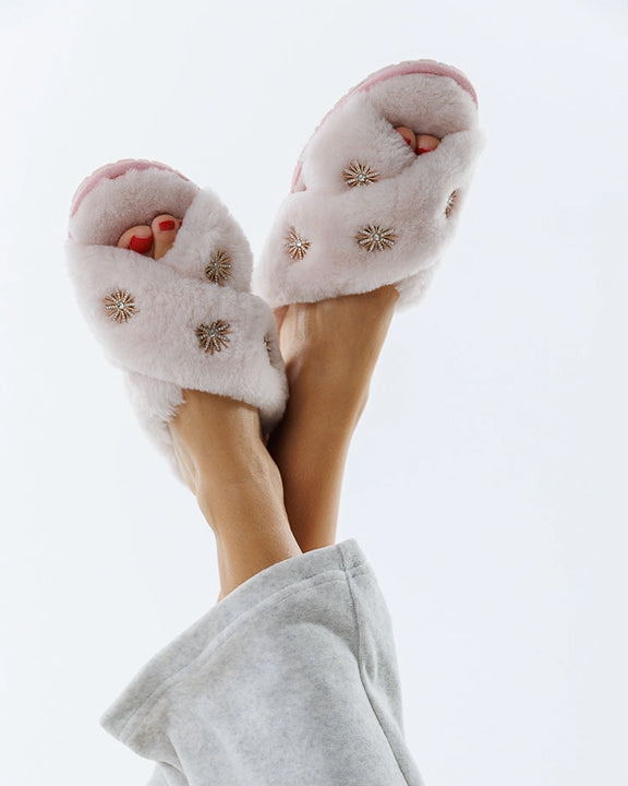 Limlim - Sheepskin Slippers with Rhinestone - Light Pink - Printfresh