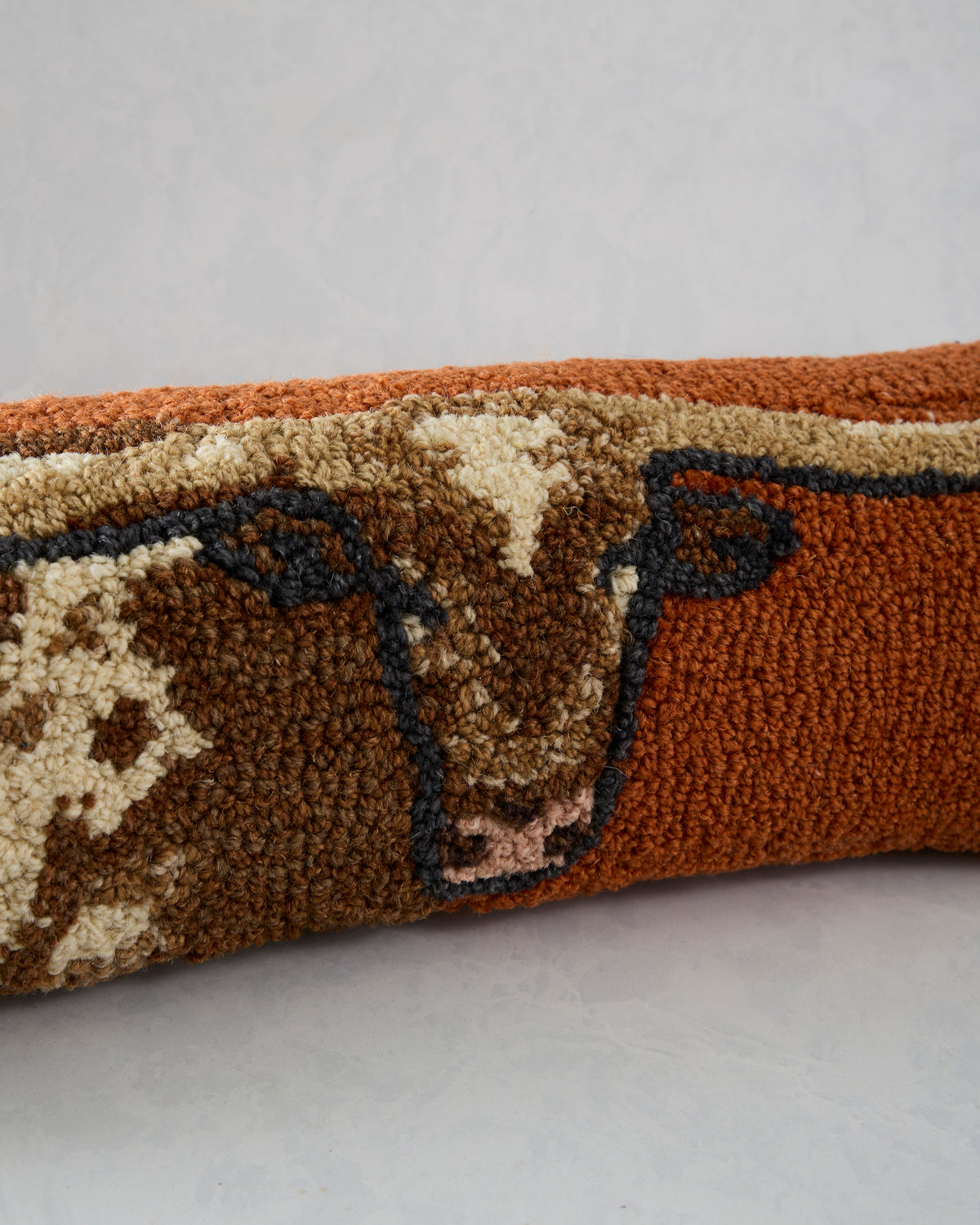 Close-up of the hooked longhorn design and raised textured surface on the pillow front.