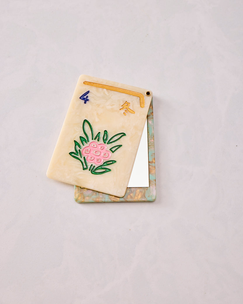 Ivory Combo - Hand Painted Flower Mahjong Compact Mirror - Solar Eclipse - Printfresh