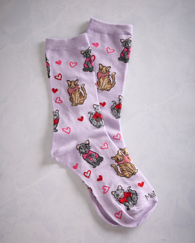 Memoi - Fur Ever Hearts Bamboo Crew Sock - Lavender - Printfresh