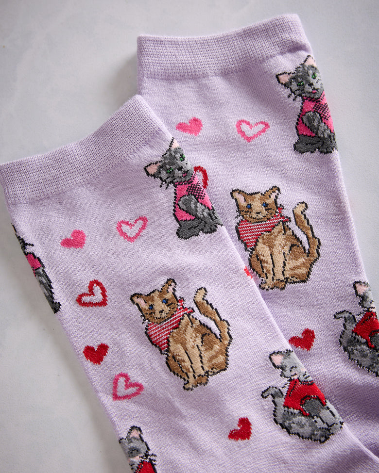 Memoi - Fur Ever Hearts Bamboo Crew Sock - Lavender - Printfresh
