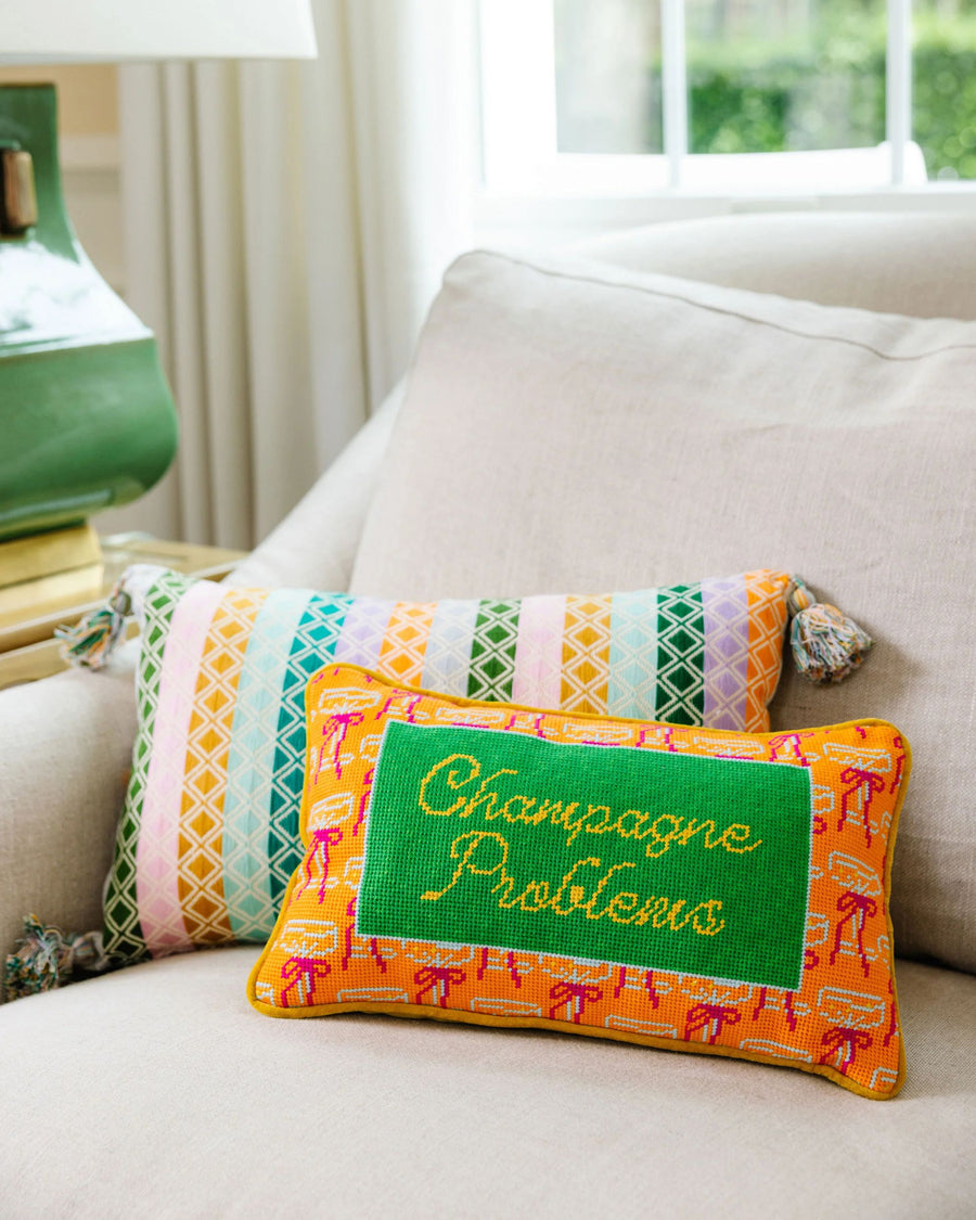 Multi - Champagne Problems Needlepoint Pillow - Furbish Studio