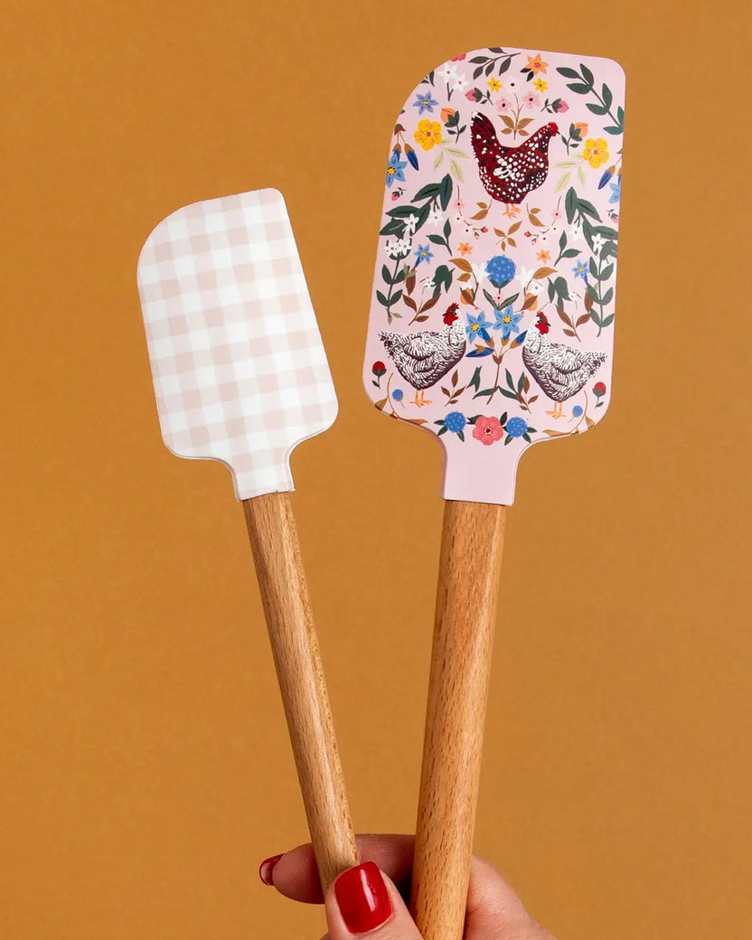 Multi - Chicken & Flowers Silicone Kitchen Spatulas - Set of 2 - Paper Farm Press - Printfresh