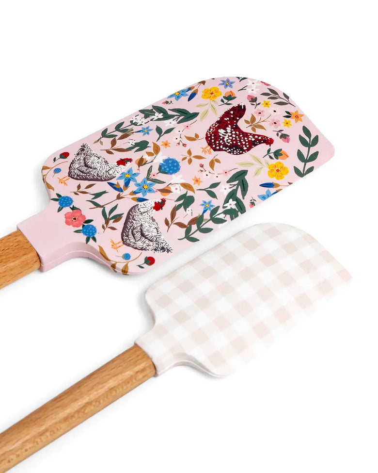Multi - Chicken & Flowers Silicone Kitchen Spatulas - Set of 2 - Paper Farm Press - Printfresh