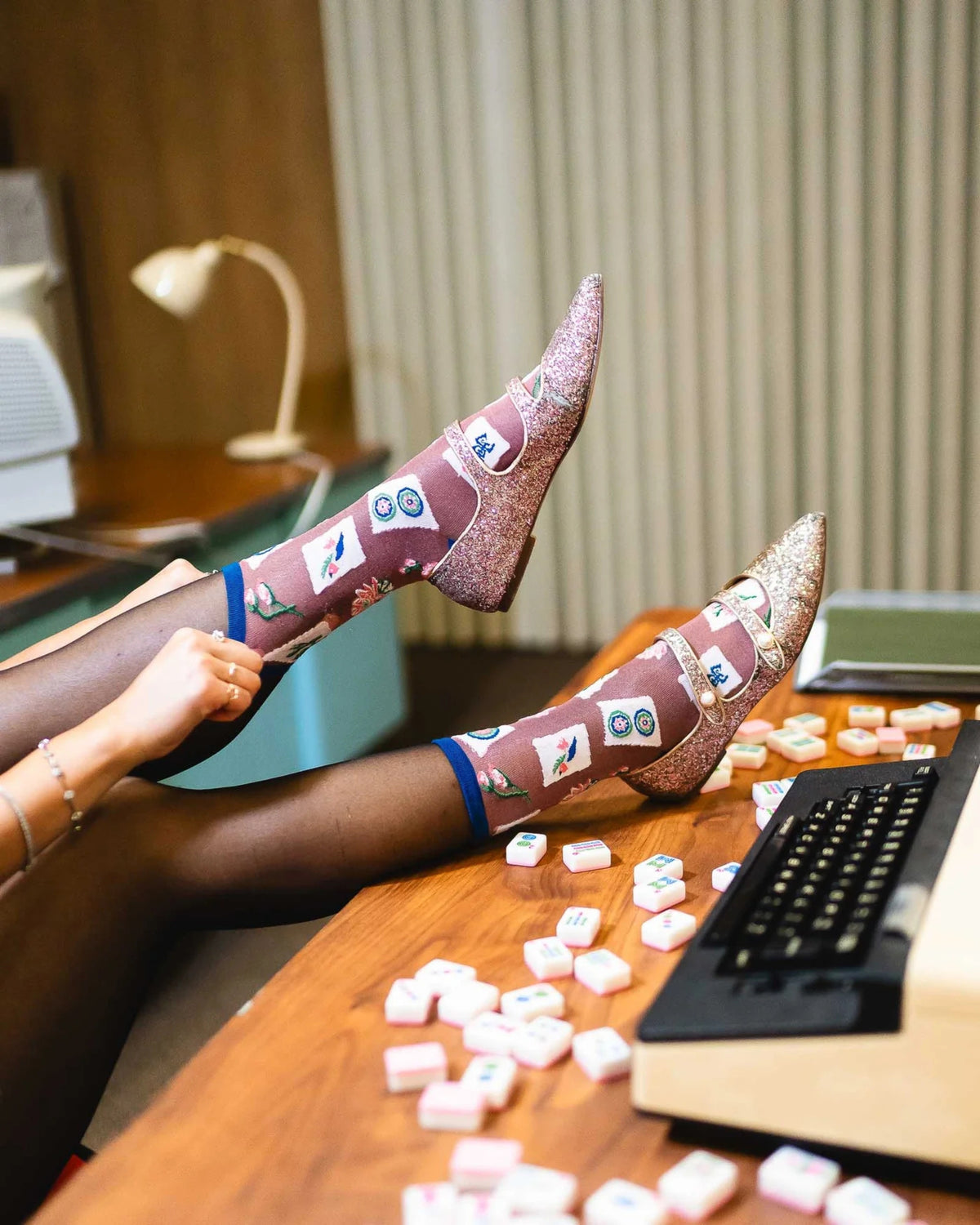 Multi - Mahjong Sheer Shimmer Crew Sock - Sock Candy