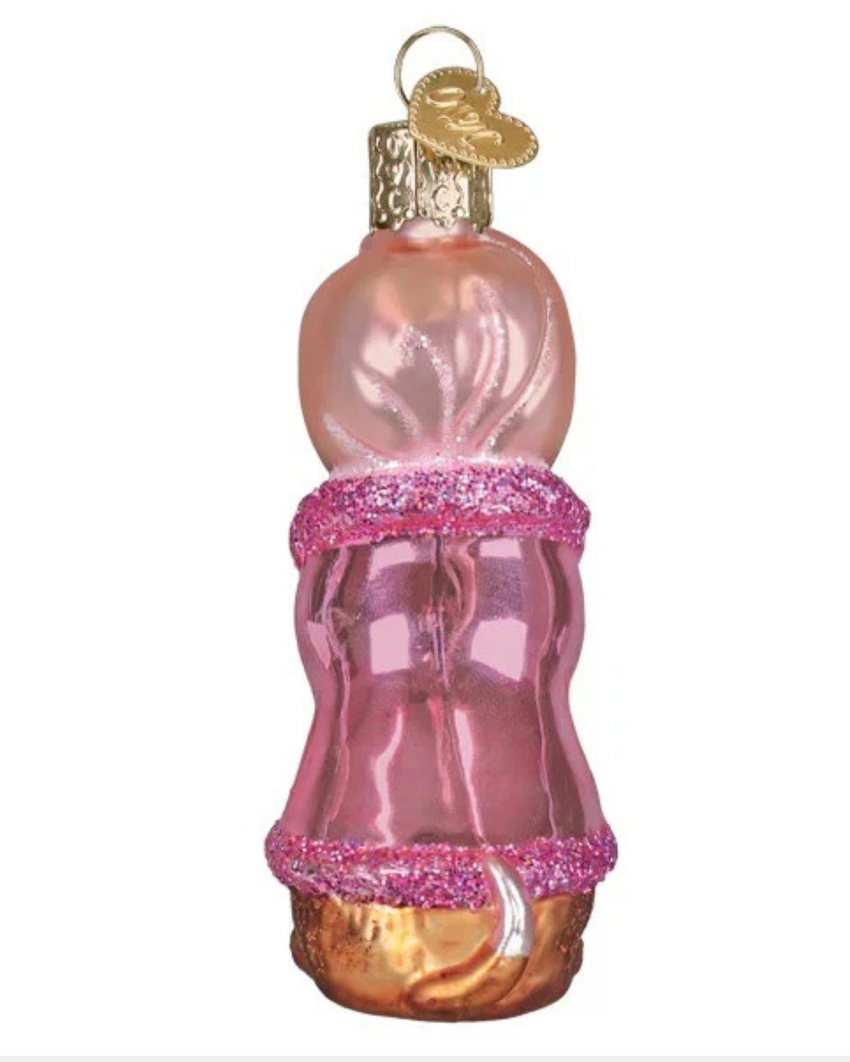 Back view of the spa dog Christmas ornament in a pink robe.