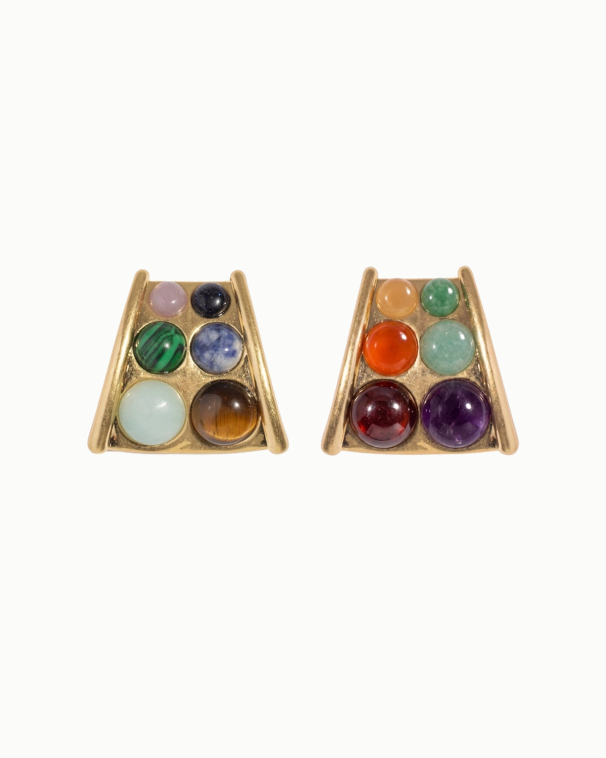 Pair of triangular Beatrix statement earrings with multicolored round stones