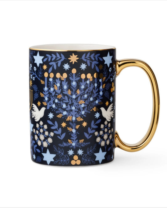 Navy Laurel Menorah mug with illustrated doves, leaves, candles, stars, and a gold handle and rim.